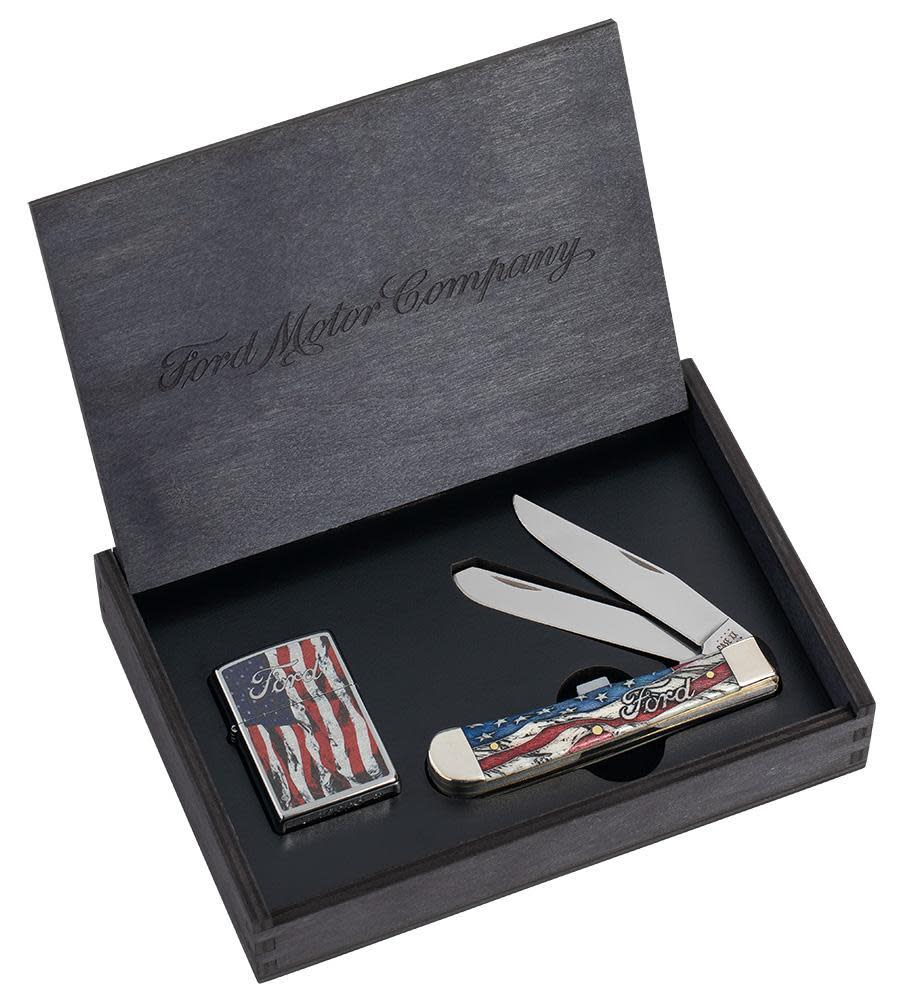Ford Embellished Smooth Natural Bone Trapper with Red and Blue Color Wash and Black Definition Gift Set