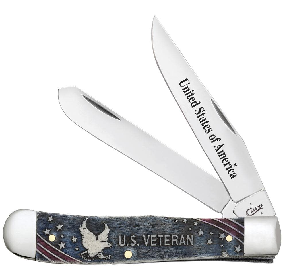 U.S. Veteran Gift Set Embellished Smooth Natural Bone with Blue and Red Color Wash Trapper (In Velvet Box)