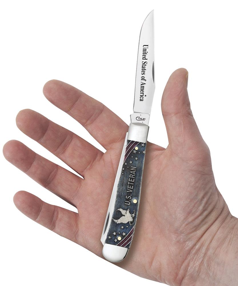 U.S. Veteran Gift Set Embellished Smooth Natural Bone with Blue and Red Color Wash Trapper (In Velvet Box) - Image 5