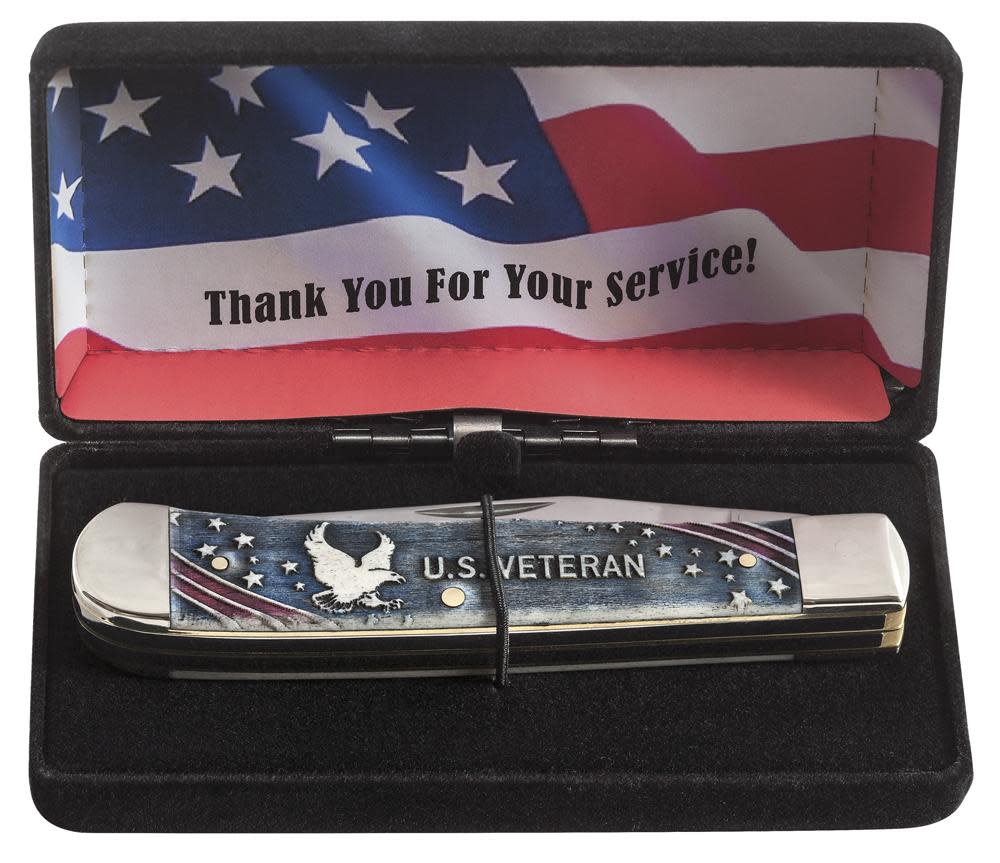 U.S. Veteran Gift Set Embellished Smooth Natural Bone with Blue and Red Color Wash Trapper (In Velvet Box) - Image 6